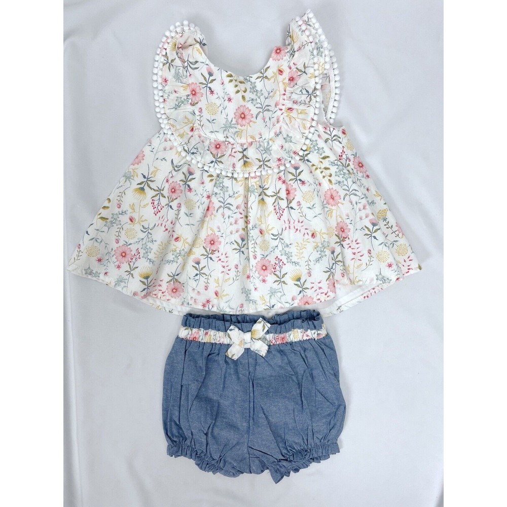 Tommy Bahama Baby Girl 3-6m Sleeveless Floral Shirt Blue Pants 2pc‎